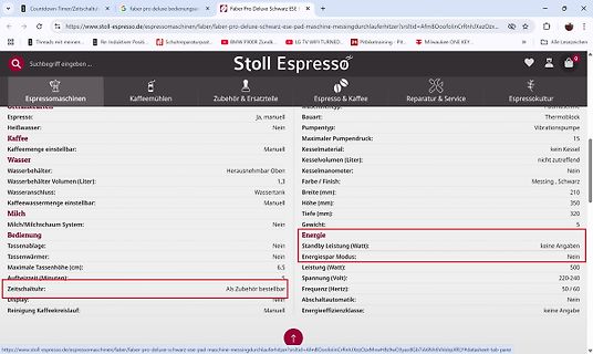 Website-Screenshot von Stoll Espresso Produktdatenblatt