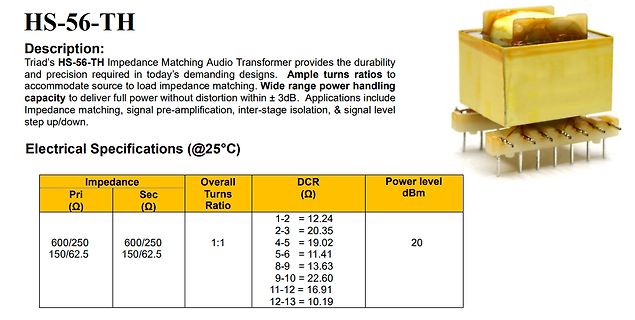 Datenblatt eines Audio-Transformators HS-56-TH
