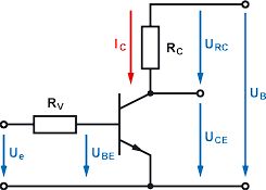 Schaltplan eines NPN-Transistors mit Spannungs- und Strombezeichnungen