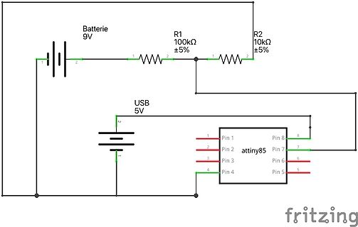 Schaltplan mit Batterie, Widerständen und ATtiny85