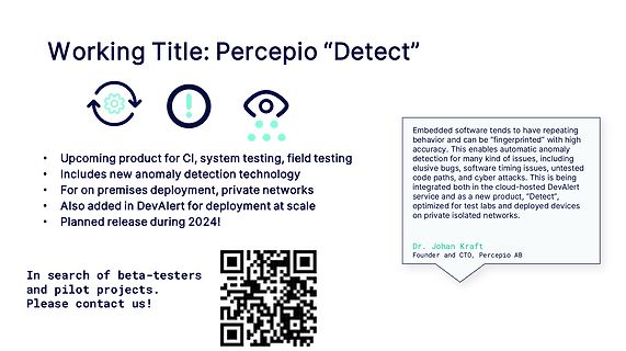 Präsentationsfolie für Percepio Detect Produktankündigung