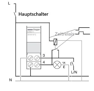 Schaltplan mit Hauptschalter, Zeitrelais und Last