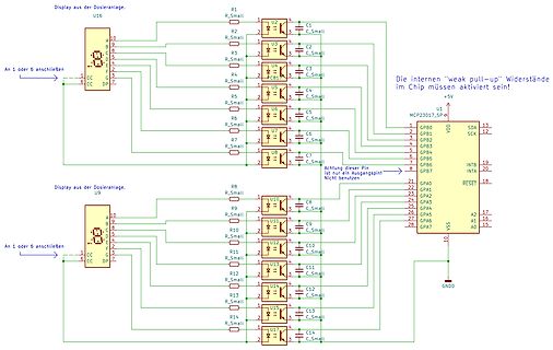 Schaltplan mit MCP23017 und 7-Segment-Anzeigen