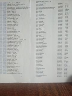 Liste von Bauteilen mit Nummern und Preisen