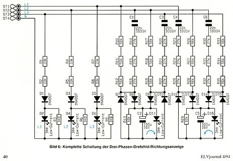 Schaltplan einer Drei-Phasen-Drehfeld-Richtungsanzeige