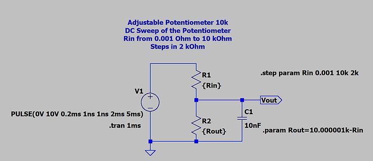 Schaltplan eines Potentiometers mit SPICE-Simulationseinstellungen