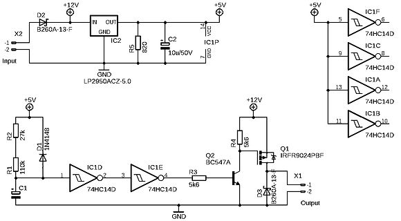Schaltplan einer Schaltung mit Spannungsregler und MOSFET-Treiber