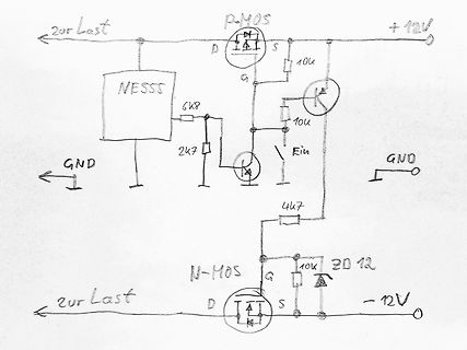 Handgezeichneter Schaltplan mit MOSFETs und Transistor