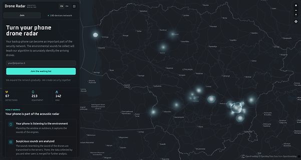 Webseite eines Drohnen-Radarsystems mit Karte