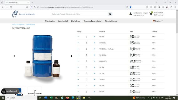 Webseite eines Chemikalienhändlers mit Schwefelsäure-Produkten