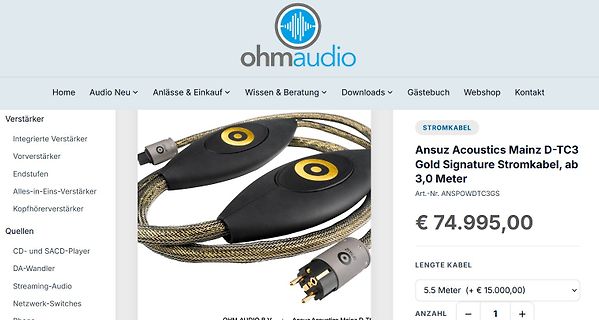 Webshop-Produktseite für ein Stromkabel