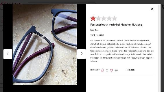 Screenshot einer Kundenrezension mit Foto von einer Brille