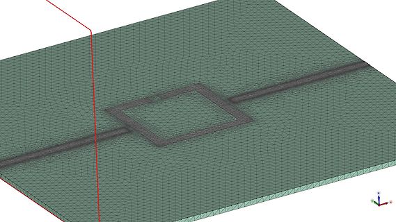 CAD-Modell eines Mikrostreifen-Resonators mit Finite-Elemente-Netz