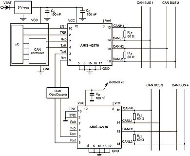 Schaltplan mit zwei AMIS-42770 CAN-Transceivern und Optokoppler