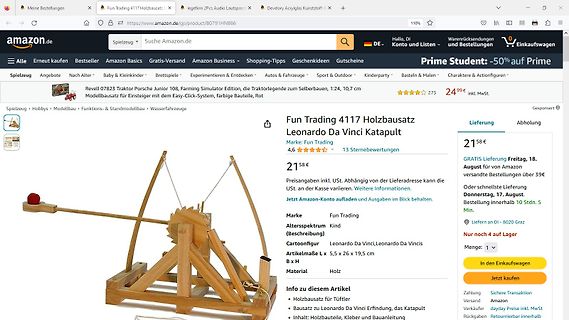 Amazon-Produktseite für Holzbausatz Leonardo Da Vinci Katapult
