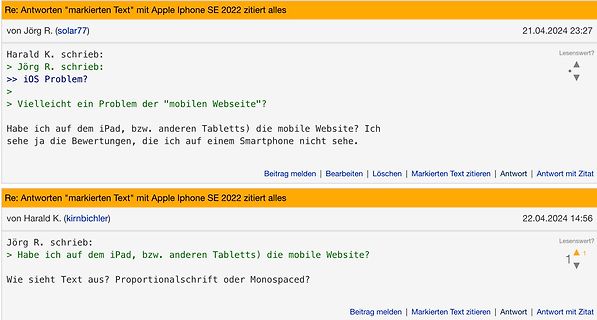 Screenshot eines Forenthreads über mobile Webseiten-Darstellung