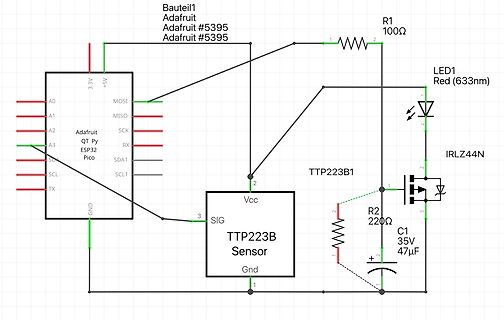 Schaltplan mit ESP32 Pico, TTP223B Sensor und LED