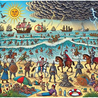 Comic-Illustration von Rittern und Schiffen am Strand