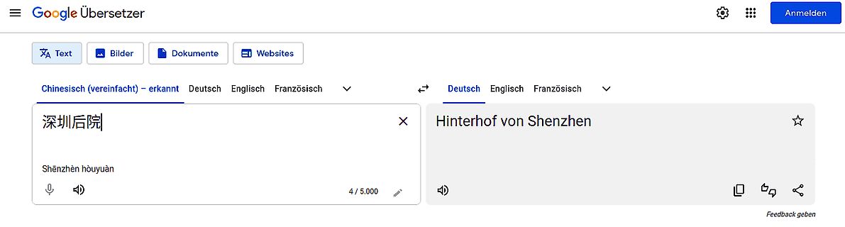 Screenshot der Google Übersetzer Webseite