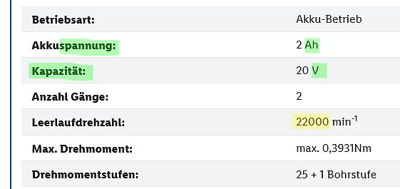 Technische Daten eines Akku-Geräts