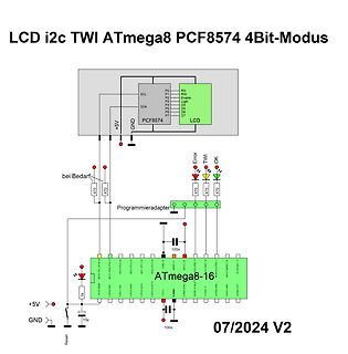Schaltplan ATmega8 mit LCD und PCF8574 I2C-Adapter