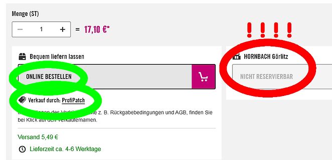 Webshop-Ausschnitt mit Preis und Lieferoptionen
