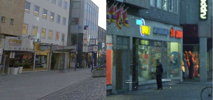 Straßenszene mit Gebäuden und Geschäften