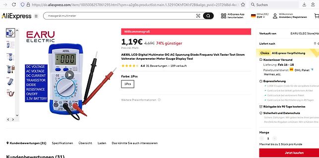AliExpress Produktseite für ein Digital Multimeter