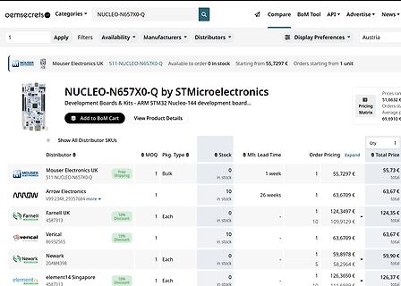 Webseite eines Elektronik-Distributors für NUCLEO-N657X0-Q