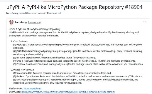 Screenshot eines Forenbeitrags über uPyPi MicroPython Repository