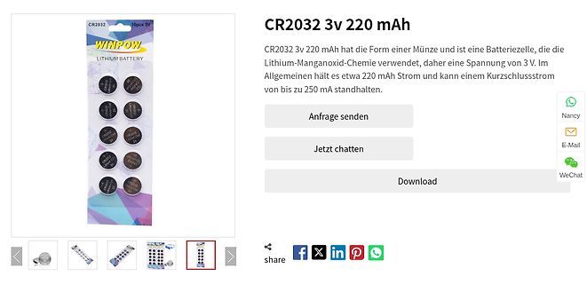 Produktseite einer CR2032 Lithium-Batterie