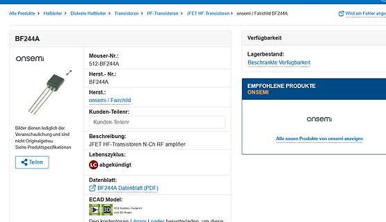 Produktseite des BF244A Transistors bei Mouser