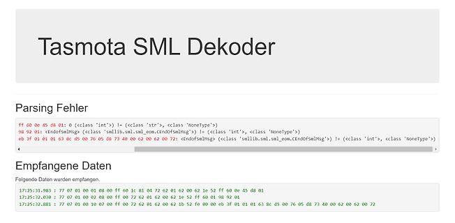 Screenshot eines Tasmota SML Dekoders mit Fehlermeldung