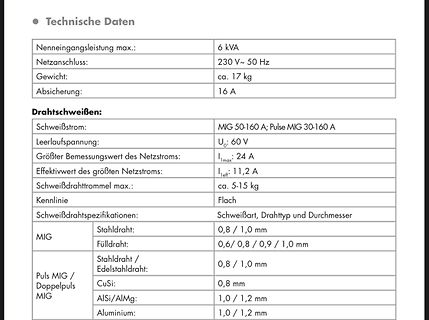 Technische Daten eines Schweißgeräts