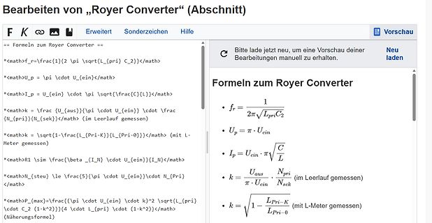 Screenshot einer Formelsammlung für einen Royer Converter
