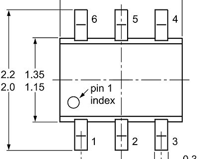 Technische Zeichnung eines Bauteil-Gehäuses mit Pin-Nummerierung