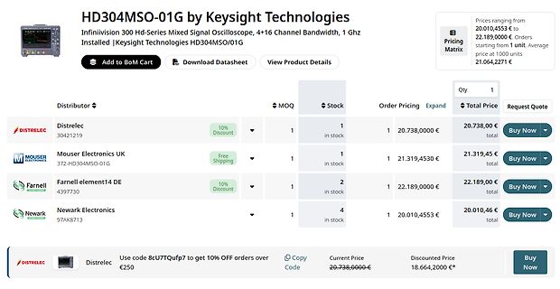 Screenshot eines Online-Shops für ein Keysight Oszilloskop