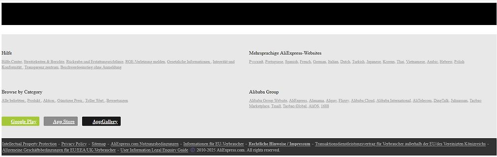Fußzeile der AliExpress Webseite
