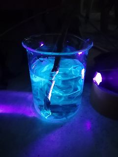 Becher mit leuchtender Flüssigkeit unter UV-Licht