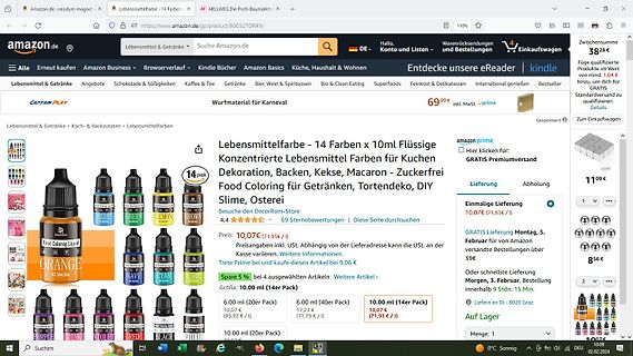 Amazon-Produktseite für Lebensmittelfarbe