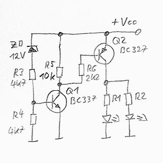 Handgezeichneter Schaltplan mit Transistoren und LEDs
