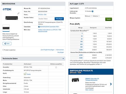 Screenshot eines Online-Shops für ein TDK NFC/RFID Transponderspulen