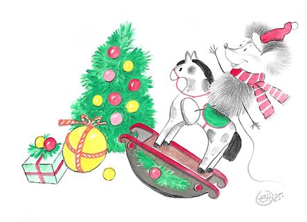 Comic-Zeichnung eines Igels auf einem Schaukelpferd mit Weihnachtsbaum