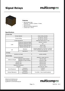 Datenblatt eines Signalrelais von Multicomp PRO