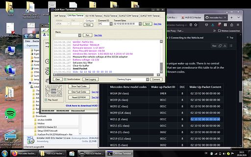 Screenshot einer CAN Raw Terminal Software und ECU Hacker Tabelle
