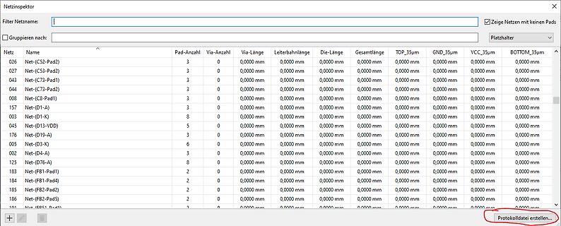 Tabelle eines Netzinspektor-Softwareprogramms