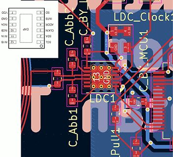 Ausschnitt eines PCB-Layouts mit Leiterbahnen und Bauteilbeschriftungen