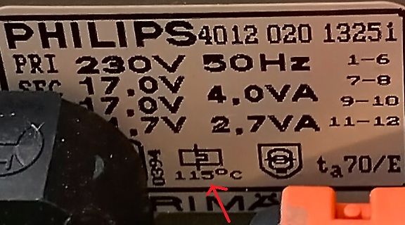 Typenschild eines Philips Transformators