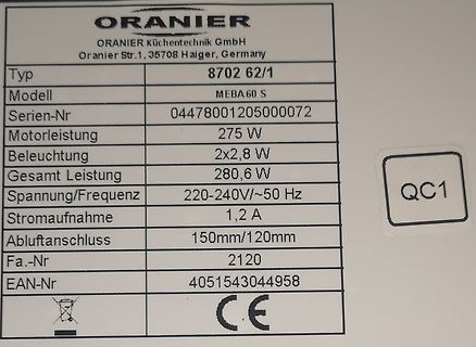 Typenschild einer Oranier Dunstabzugshaube