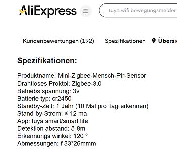 AliExpress Produktspezifikationen für Zigbee-PIR-Sensor